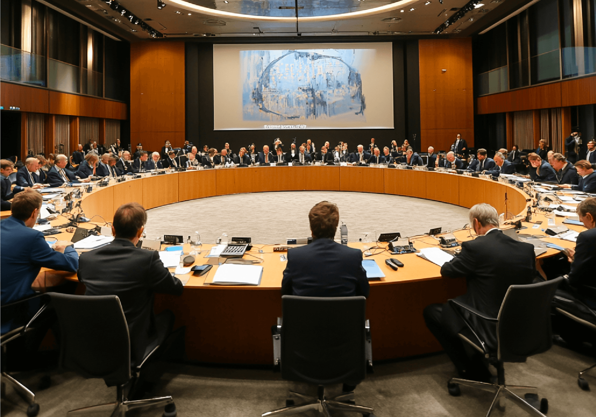 Delegates seated around a round table in a council chamber