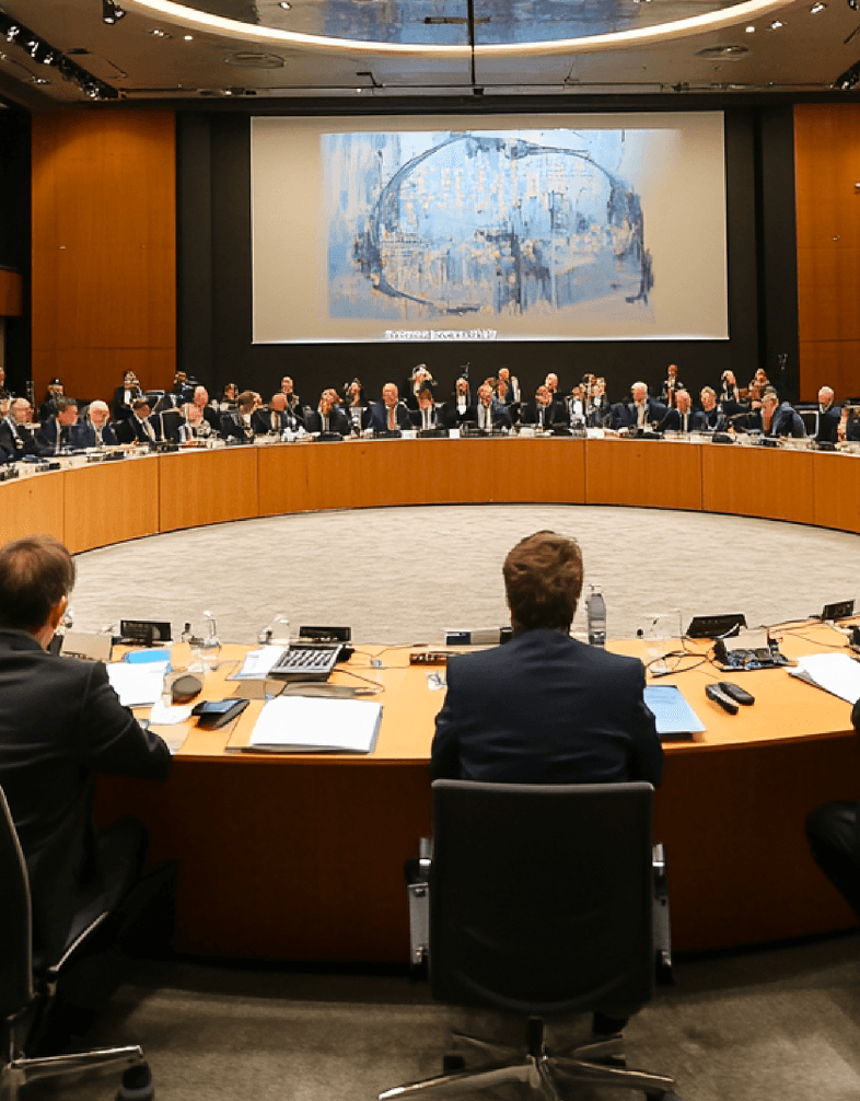 Delegates seated around a round table in a council chamber