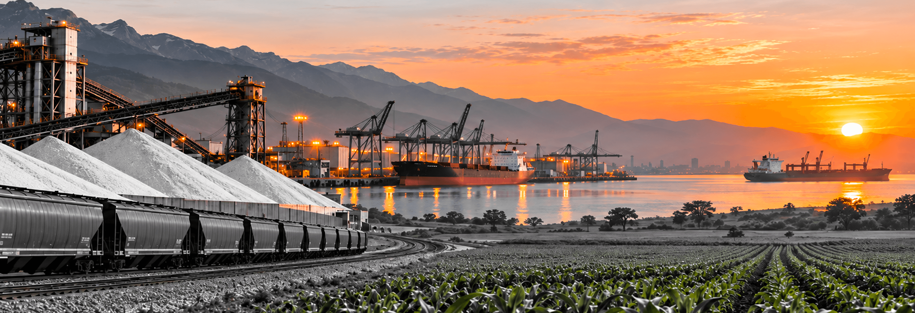 Potash stockpiles and rail cars beside a port at sunset, with crop fields in the foreground