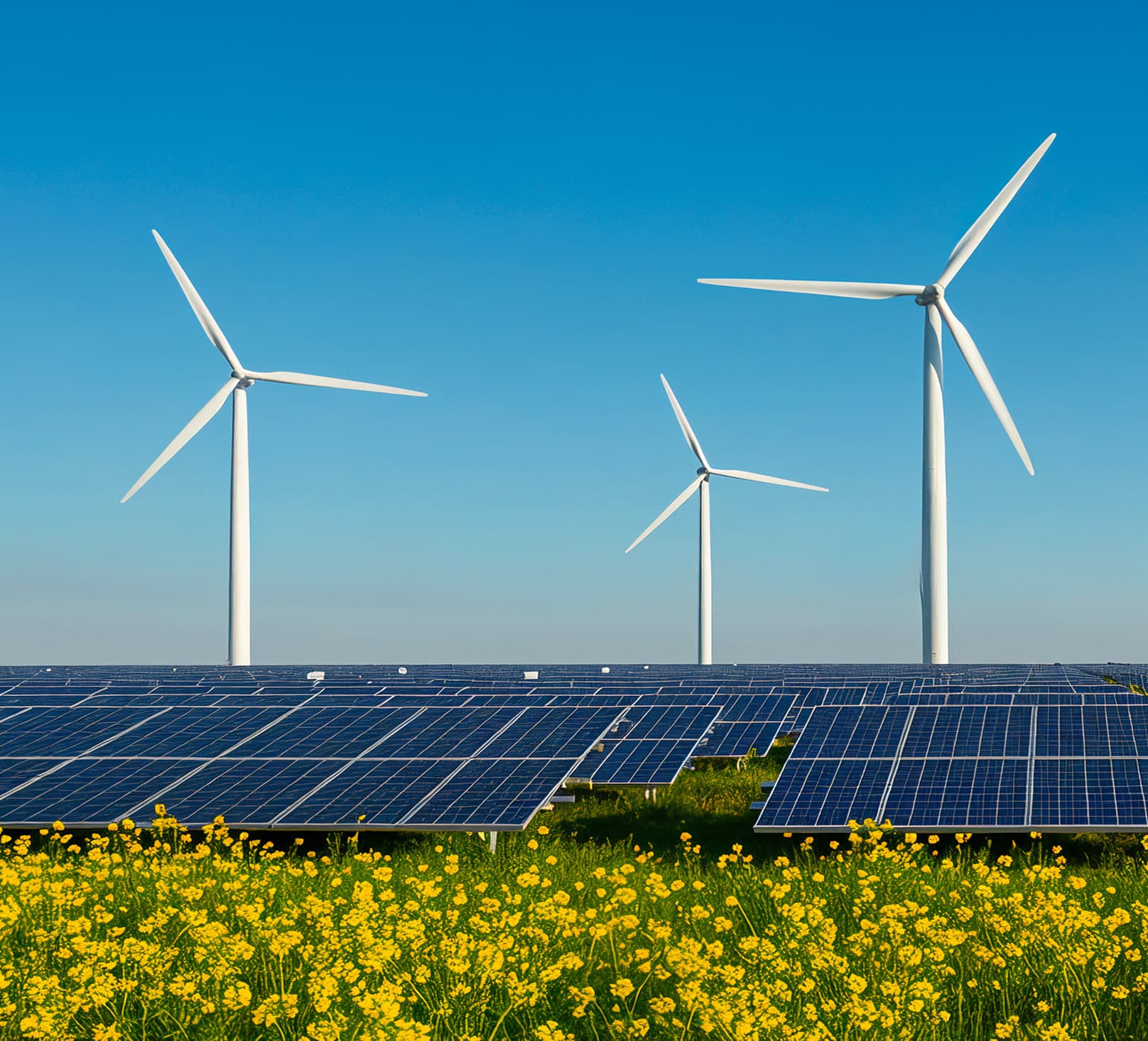 Wind turbines above a solar farm and a field of yellow flowers