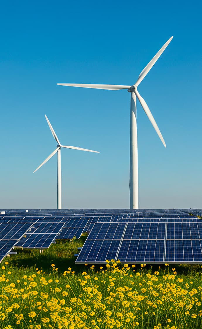 Wind turbines above a solar farm and a field of yellow flowers