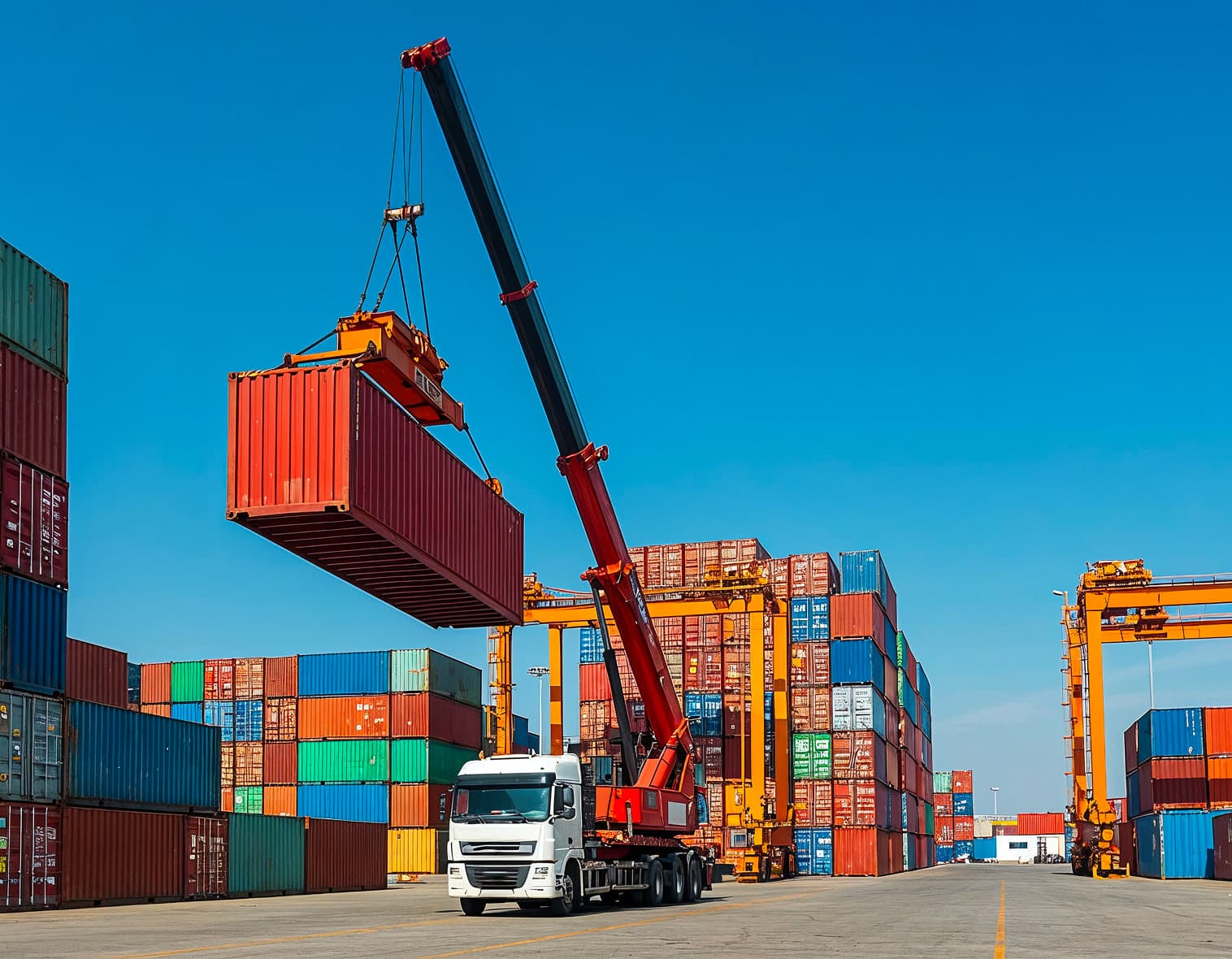 Shipping containers being loaded at a cargo port